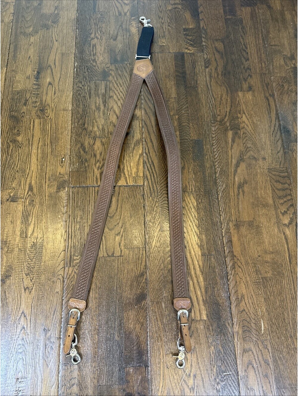 Nocona Brown Basketweave Leather Suspenders Trigger Snaps Size L - Excellent